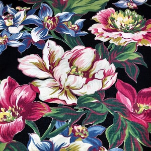 Radiant Sensational BLACK Cottage Floral Barkcloth Vintage Fabric Drape Curtain 6 Avail.