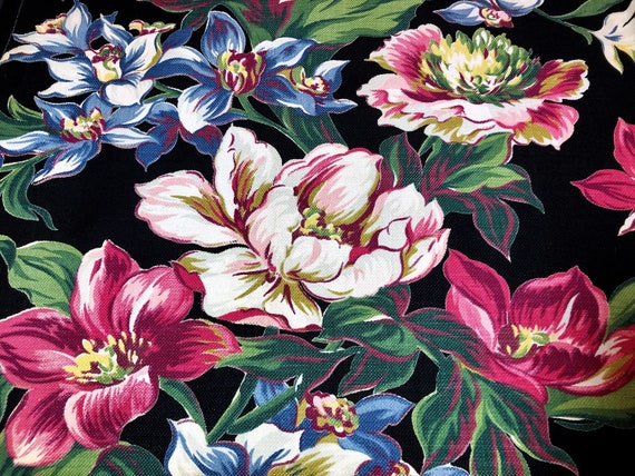 Radiant Sensational BLACK Cottage Floral Barkcloth Vintage Fabric Drape Curtain 6 Avail.