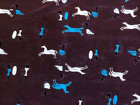 4YDS Turquoise Horse & Chariots Novelty Dress Vintage Fabric Unused Yardage 1950's