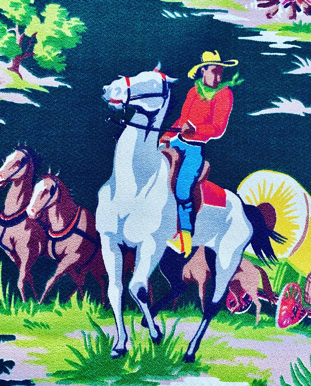Western Rodeo Pattern Rarest Rodeo Pattern OUT THERE! 1940's Barkcloth Western Cowboy ...