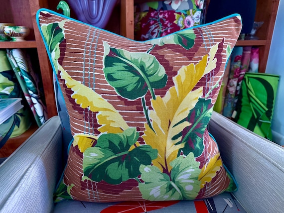 Singapore Leaf Tropical Art Deco MIAMI BEACH Mid Century Barkcloth Fabric PILLOW