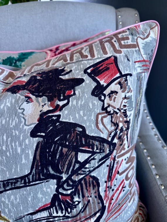 Moulin Rouge Paris Bohemian Revolution Mid Century Barkcloth Vintage Fabric PILLOW