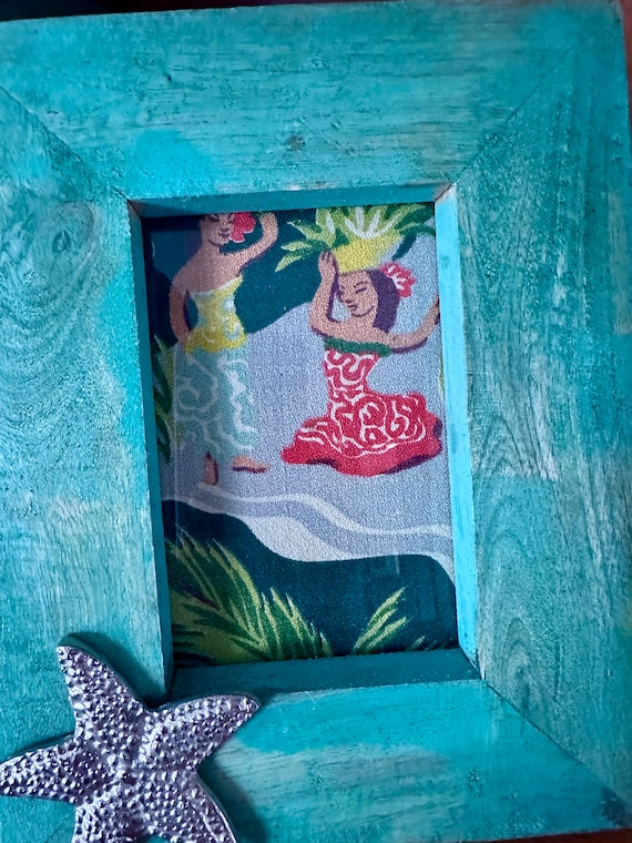 Star Fish of the Sea Hula Hula Hawaiiana Custom Framed Novelty Vintage Fabric Art