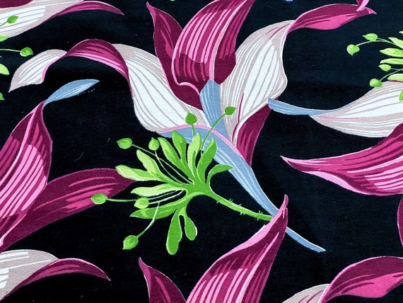 Flamboyance Unparalleled! Leafy Tropical Blooms on Black 1930's Miami Art Deco Barkcloth Vintage Fabric