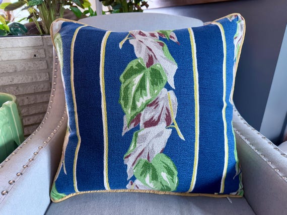 Miami Beach Cobalt Caladium Stripe 1940's Art Deco Mid Century Barkcloth Fabric PILLOW