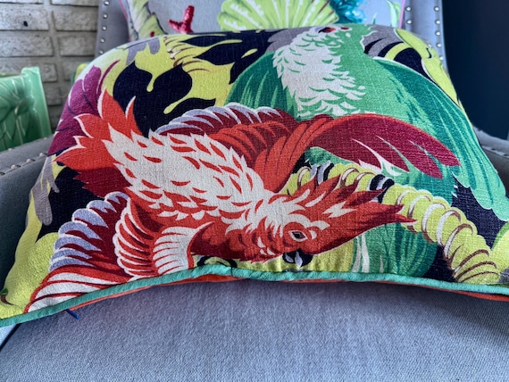 Singing Cockatoos Miami Beach 30's Art Deco Mid Century Barkcloth Fabric PILLOW