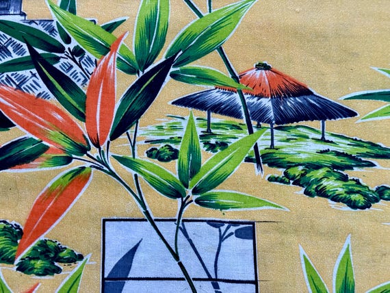1950's Hawaiian Islands Outrigger Village Upholstery Drapery Vintage Fabric 8YDS Avail.