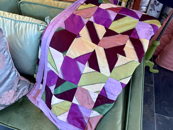 1920’s Incredible Art Nouveau RARE Crazy Quilt Unused in BOX Hand Tied DECO Coverlet Vintage Fabric