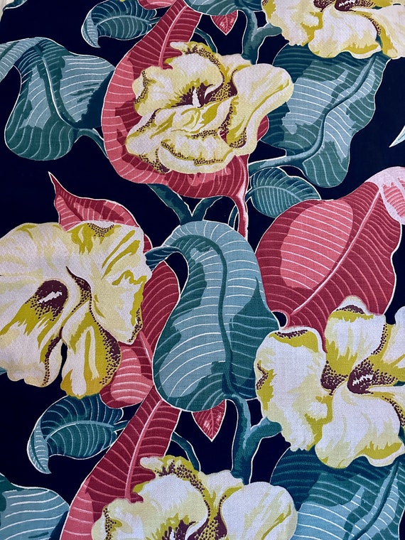 Chartreuse Magnolias & Birds of Paradise Leaf Hawaiian 1930's Barkcloth Vintage Fabric