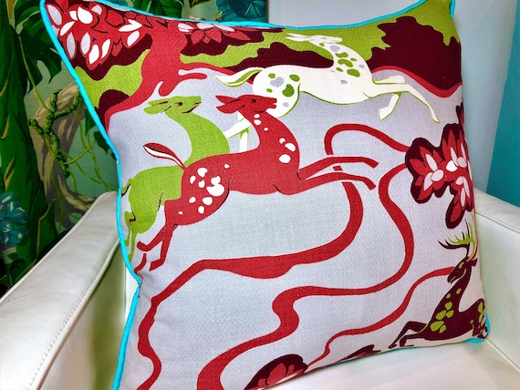 Whimsical 50's Leaping GAZELLES BARKCLOTH Vintage Fabric PILLOW Miami Beach Mid Century