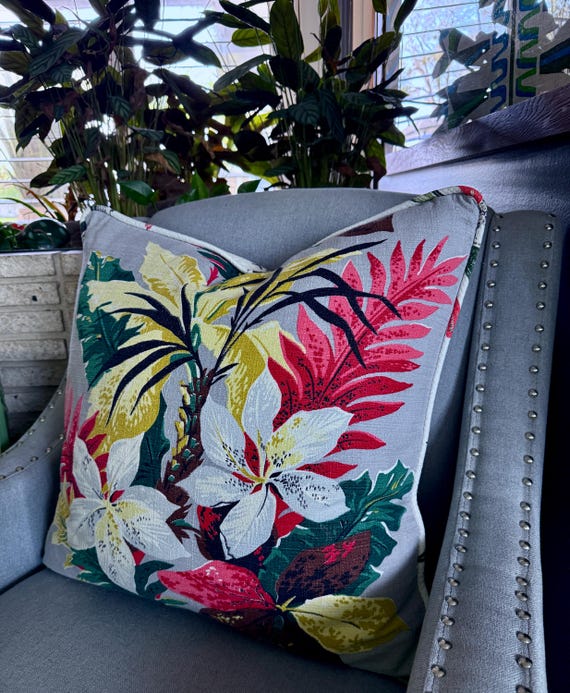 Rainforest Leafy Art Deco Miami Beach Mid Century Barkcloth Vintage Fabric Reversible PILLOW