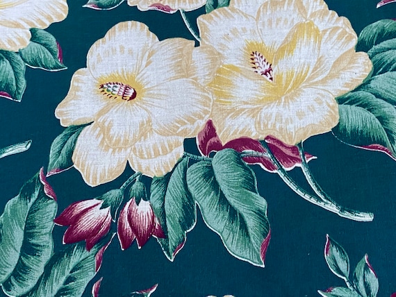2.8YDS Buttercream Yellow ROSES on Teal Vintage Fabric Yardage for Upholstery Home Decor