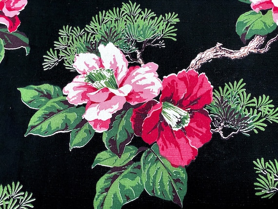 Outrageous Camellia Roses on Black 40's Nassau Bahamas Tropical Barkcloth Vintage Fabric Yardage for Upholstery Drapery DIY 10YDS Avail.