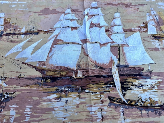 1960's Cohama Windward Sailboat Wall Tapestry Hanging Barkcloth Vintage Fabric
