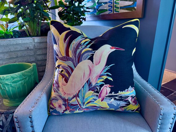 Wading Flamingos Miami Beach 30's Art Deco Mid Century Barkcloth Fabric PILLOW