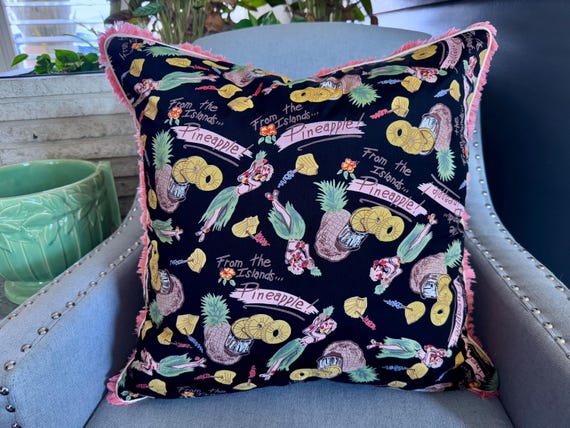 Hula & Pineapples Hawaii Souvenir Novelty Vintage Fabric Mid Century PILLOW