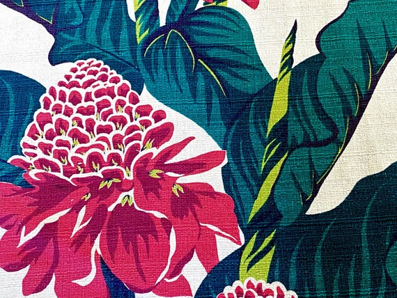 King Protea and Birds of Paradise Hawaiiana barkcloth Vintage Fabric Drape Curtain 5 Avail.