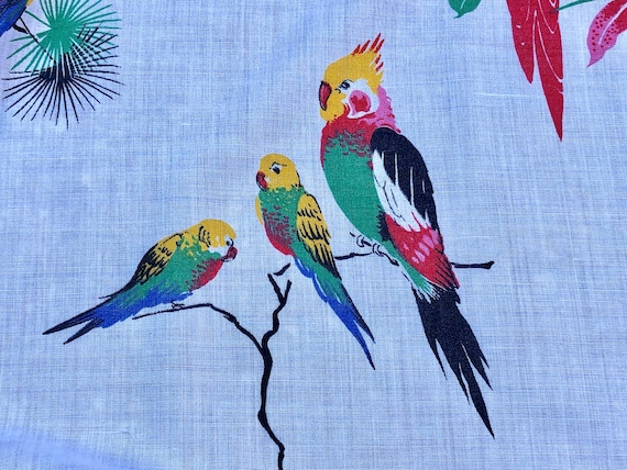 Singing Tropical BIRDS Barkcloth Era Vintage Fabric Lightweight & Cute as a BUTTON! 5YDS Avail.