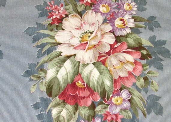 Glorious 1930’s Powder Blue Victorian Stripe Floral Barkcloth Vintage Fabric for Upholstery Drapery Pillows