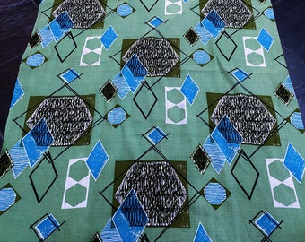 2.3YDS Celadon Geometric w/ Turquoise Diamonds Barkcloth Vintage Fabric 50's Yardage
