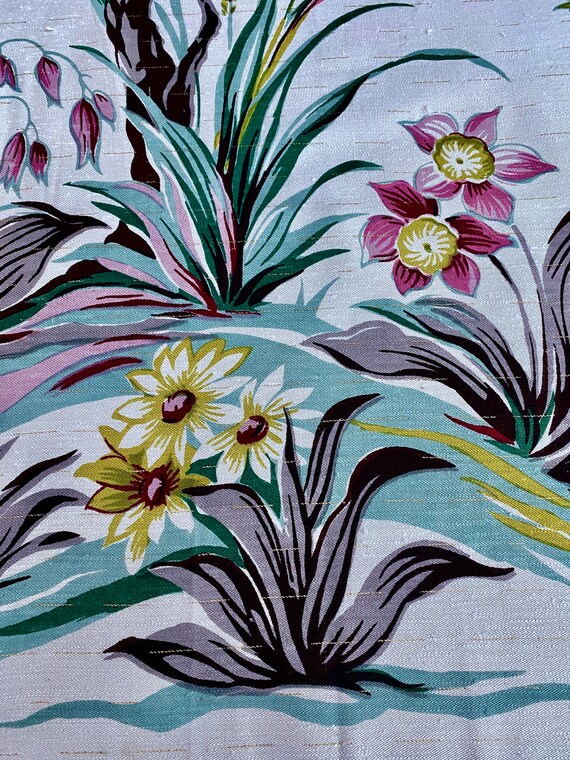 3.7YDS 40's Tropical Birds Miami Beach Mural Vintage Fabric Yardage New Old Stock