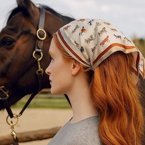 Silk Horse Print Scarf, Equestrian Bandana, Elegant Square Scarf, Boho Neckerchief, Hair scarf, Gift for Horse Lover, Vintage-Inspired Scarf