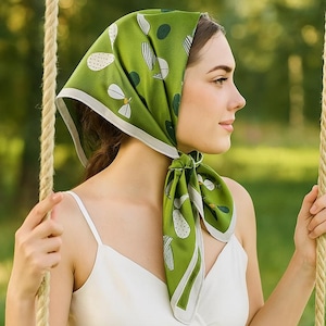 Green Silk Scarf with Botanical Print – Elegant Hair Wrap, Neck Scarf, or Handbag Accessory – Nature-Inspired Gift for Her, Neck Accessory