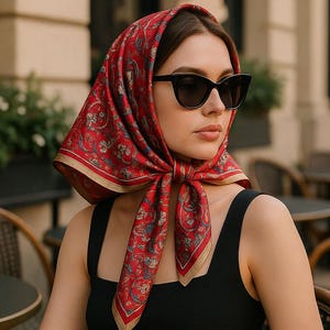 Ethnic Silk Scarf, Vintage Style Square Scarf with Oriental Floral and Bird Print, Silk Hair scarf, Bag scarf, Neck silk scarf, Gift for Her