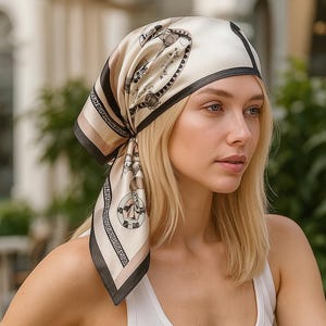 Large Silk Scarf with classic print, Elegant Square Wrap, French Style Printed Shawl, Women&#39;s Soft Satin Headscarf, Chic Luxury Accessory
