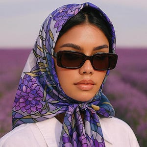 Lavender Print Large Silk scarf, Elegant Purple Floral Square Scarf, Silk Bandana, Statement Fashion Accessory, Gift for Women