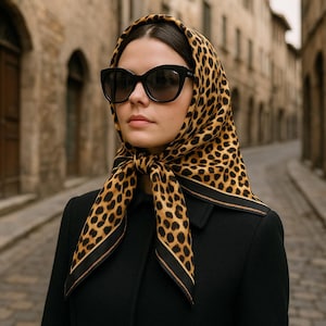 Leopard Print Silk scarfm  Square Satin Scarf for Hair, Neck or Bag, Animal Print Headscarf, Boho style accessory, Christmas gift for her