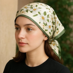 Floral Silk Hair Scarf, Cream Bandana with Dogwood Flowers, Elegant Hair Accessory, Ponytail Wrap, Bag Scarf, Gift for Her