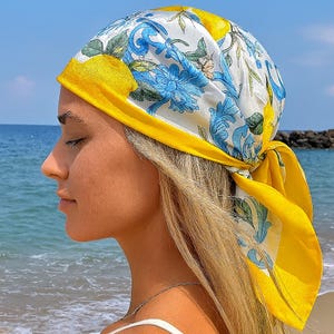 Yellow Silk Scarf with Lemon and Blue Flowers Ornament Print, Summer Headscarf, Bag Accessory, Italian Style, Gift for her