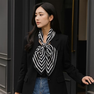 Black And White Silk Scarf, Geometric Square Pattern Scarf, Modern Graphic Headscarf, Optical Illusion Bandana, Silk Square Scarf For Women