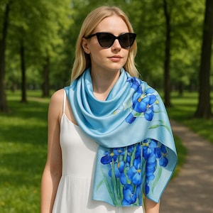 Flower Silk Scarf with Blue Irises, Mulberry Silk, Lightweight Summer Accessory, Bag scarf, Hair scarf, Floral Scarf for Her