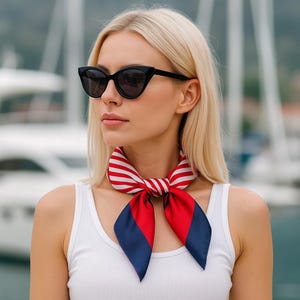 Red & Blue Nautical style Silk Squre scarf, Sailing themed striped Silk Bandana, Hair Summer accessory, Bag Wrap scarf