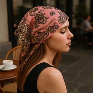 Classiс Print Pink Silk Scarf, Vintage Chain Print Bandana, Square Satin Neck Scarf, Elegant Hair Tie, Purse Accessory, Gift for Her