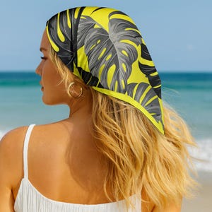 Yellow Green Tropical print Large Bandana, Monstera Silk Scarf Pareo Cover Up, Yellow Leaf Print, Large Square Beach Wrap, Gift for Woman