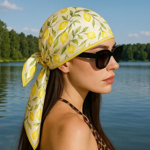 Yellow Lemon Print Silk scarf, Square Scarf, Yellow Summer Accessories, Fruit Print Bandana, Hair Bag Neck scarf, Elegant Gift For Her
