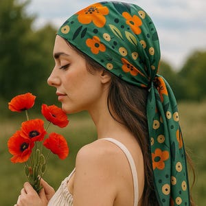 Red Flowers Silk Bandana, Green Silk Scarf with Bold Floral Print, Square Headscarf, Elegant Hair Neck Accessory, Vintage-Inspired scarf