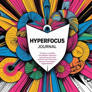 May include: A vibrant illustration for a journal cover. The design features a central white shield with the text "HYPERFOCUS JOURNAL". The background is a burst of colorful shapes in pink, yellow, blue, and green, with additional text below.