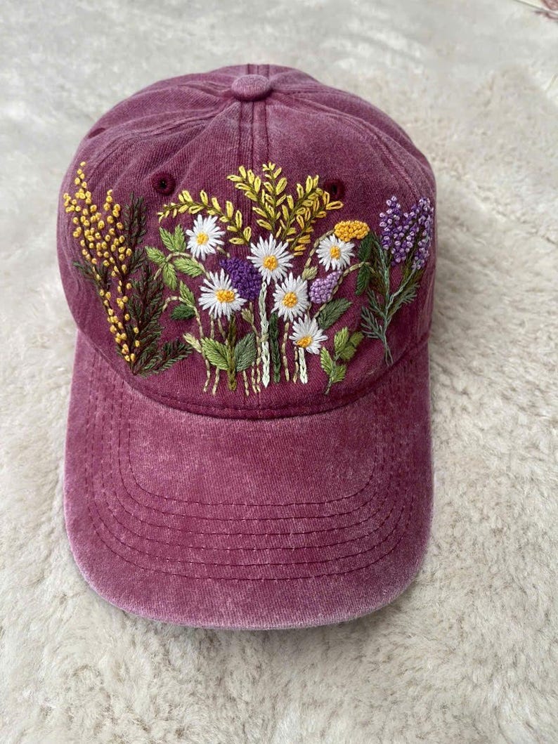 Hand Embroidered Wildflower Floral Baseball Cap – Cotton Summer Hat for ...