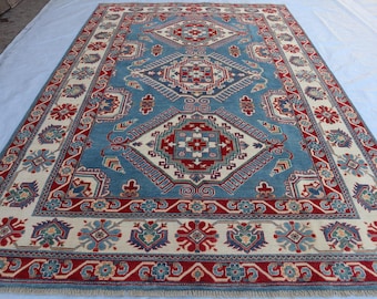 Hand-knotted Wool Kazak Rug, 7x10 Ft Blue Medallion Living Room Carpet