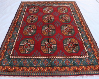 Alfombra afgana de lana roja hecha a mano, de la zona tribal de Bujará, Turkmenistán, 1,5 x 2,1 metros, ideal para sala de estar.