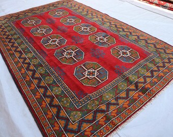 Alfombra afgana Akhcha roja hecha a mano de 1,5 x 2,4 m, alfombra afgana de pelo largo, alfombra turcomana Bokhara, alfombra para sala de estar, alfombra tribal, alfombra para dormitorio y oficina.