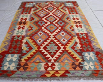 New Turkmen Kilim Rug, Afghan Wool Flatweave Oriental, 5x7 Ft Bedroom Living Room