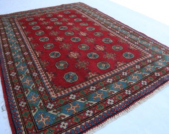 Alfombra afgana de lana de pelo alto Bokhara hecha a mano de 4 x 6 pies, color rojo, estilo tribal, para sala de estar.