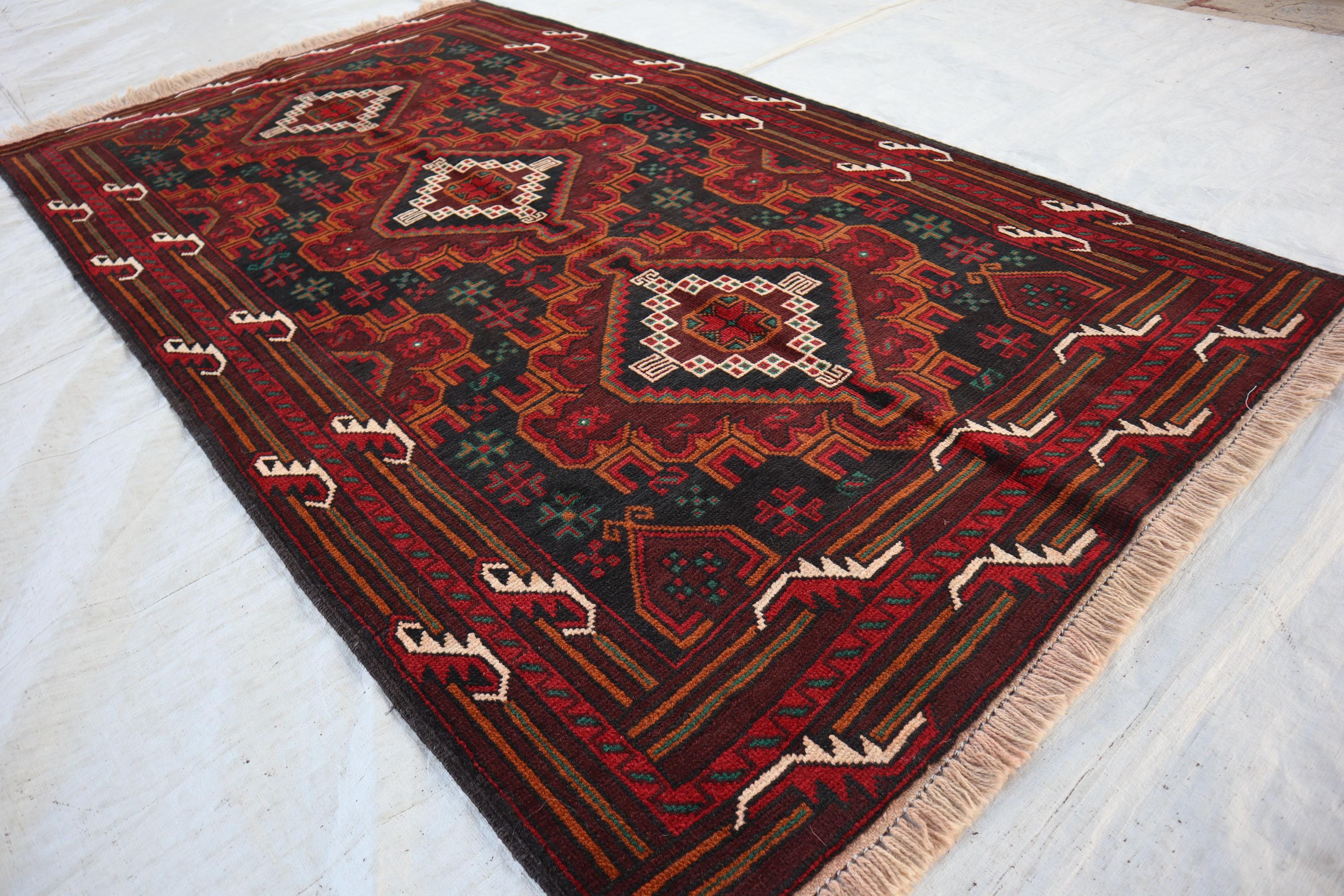 4x7 Ft Afghan Vintage Area Rug, Oriental Baluchi Area Rug