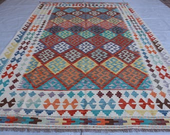 7x10 Chubi Kilim, Afghan Wool Flatweave Area Rug, Maimana Oriental Kilim