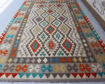 7x10 Ft Natural Dyes Kilim Rug, Afghan Wool Flatweave Living Room Rug